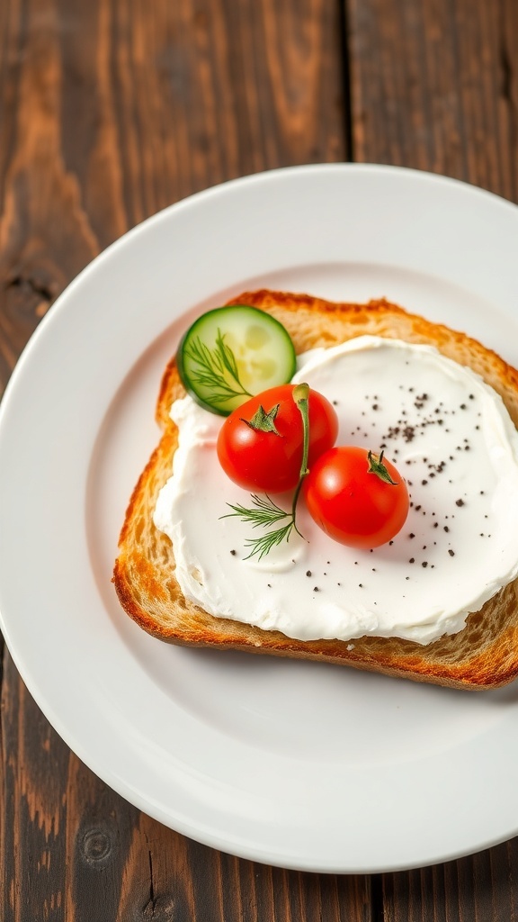 Cream Cheese Toast Recipe Cream cheese toast topped with cucumbers and tomatoes on a rustic wooden table.